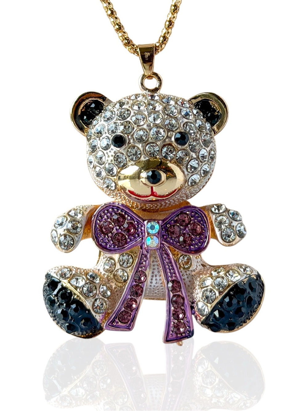 Betsey Johnson Teddy Bear with Purple Bow Rhinestone Pendant Necklace NWT